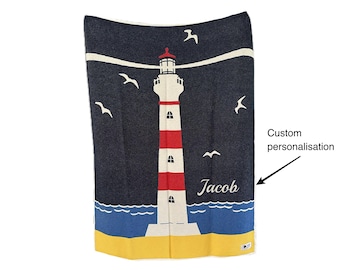 Personalised custom name Nautical Lighthouse pattern Large Cotton Blanket Maritime Boat decor, Gift for Yacht or Sailing Boat Owner