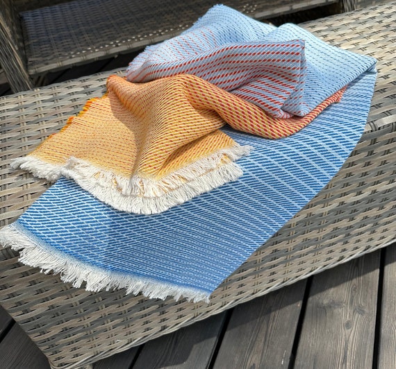 Ombre Textured Cotton Blanket Knit Pattern Blue Orange Yellow