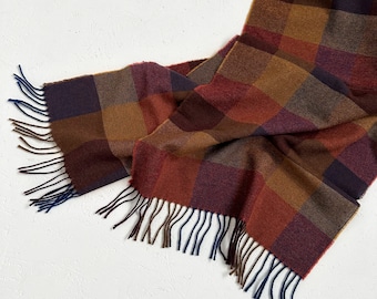 100% Pure New Wool Multicolour Tartan Large scarf burgundy/ orange/ mustard/ brown shadow block check, unisex scarf 16x78" made in Lithuania