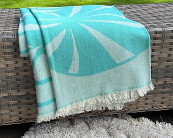 Mint blue cotton reversible large flowers design dandelion fluff pattern throw blanket/ backyard camp mat/ must have summer big throw