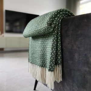 Geometric knit pattern Forest Dark Green Large sofa warm Throw double sided pure wool Blanket with white fringes cosy sheep wool plaid image 2