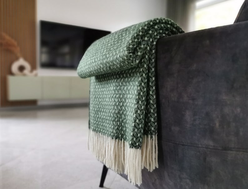Geometric knit pattern Forest Dark Green Large sofa warm Throw double sided pure wool Blanket with white fringes cosy sheep wool plaid image 2