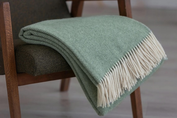 Sage Green Sheep Wool Little Herringbone Weave Pattern Large Sofa Throw Farmhouse Blanket with Fringes Warm Gift for Her and Him
