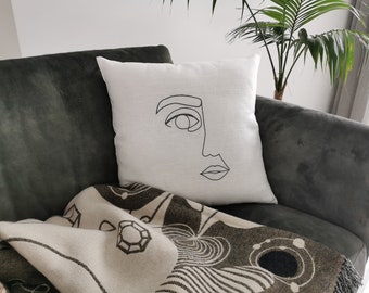 Funda de almohada blanca con bordado de cara abstracta, 45 x 45 cm, cojín decorativo de lino, decoración bohemia moderna para el hogar, regalo para ella, mamá, hermana o novia.