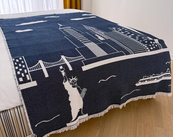 NYC Skyline bomullsfilt, vändbar jacquard, reseinredning