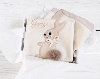 Handmade Baby Cashmere Wool Personalised Blanket, Neutral Nursery Blanket with Bunny Applique, Soft Natural Baby Throw, Baby Shower Gift box