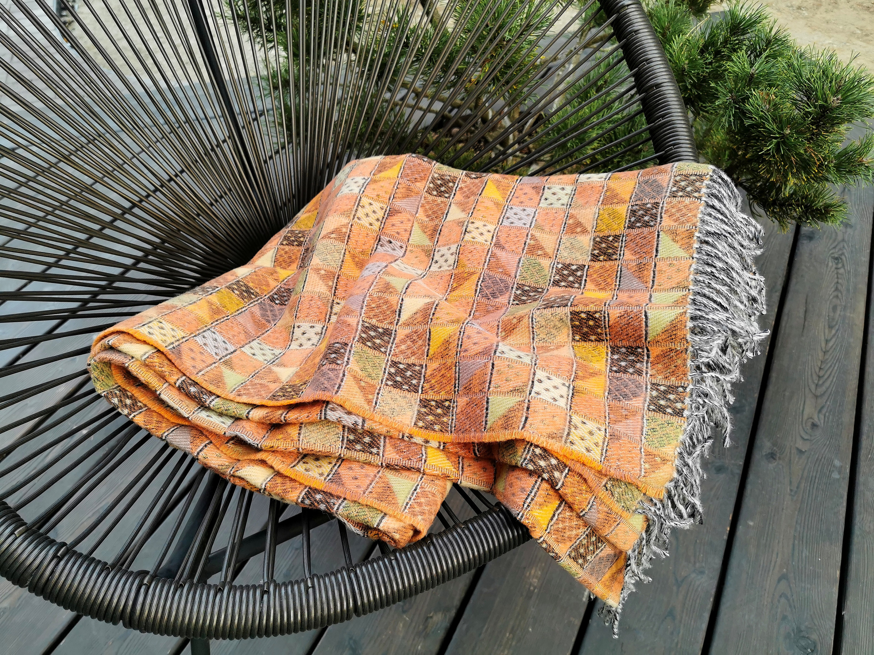 Jeté De Canapé En Laine Mérinos Jaune Orange Moutarde Avec Franges