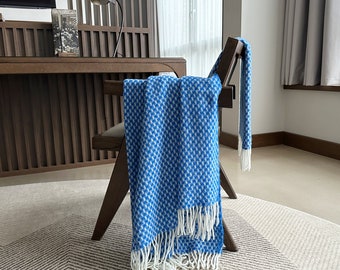 100% New Zealand Wool Blanket Geometric knit Textured pattern bright Blue and White with fringes Large and wide Sofa plaid/ Armchair throw