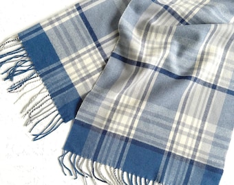 100% Merino Wool Multicolour Tartan Large scarf blue white grey shadows block check Men scarf 14x78.7" Christmas Gift for him in a gift box