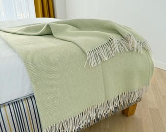 Pale Green Sheep Wool Blanket, Textured Bed Throw, Scandinavian Design (59x87")