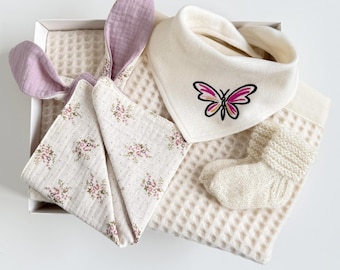 Baby Girl Gift Box, Lambswool Blanket, Hand-Knitted Socks, Baby Shower Present