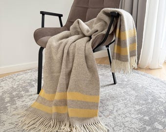Extra quality Wool Blanket, small Diamond Pattern Plaid with yellow lines, Armchair cosy Natural undyed Daybed fringed Throw "SOFT DREAM"