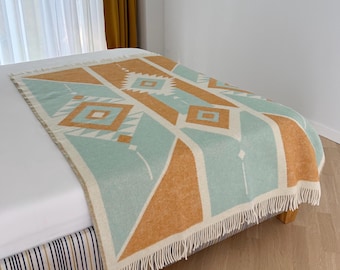 Sheep Pure Wool Thick Warm Aztec style Large Blanket/  Throw with native design/Southwestern camp blanket with fringes/ Navajo style Blanket