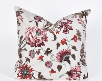 Floral linen pillow cover Shabby Chic decorative cushion 18x18" square/ Country flowers peony dahlia pillow cordovan red burgundy mix colour