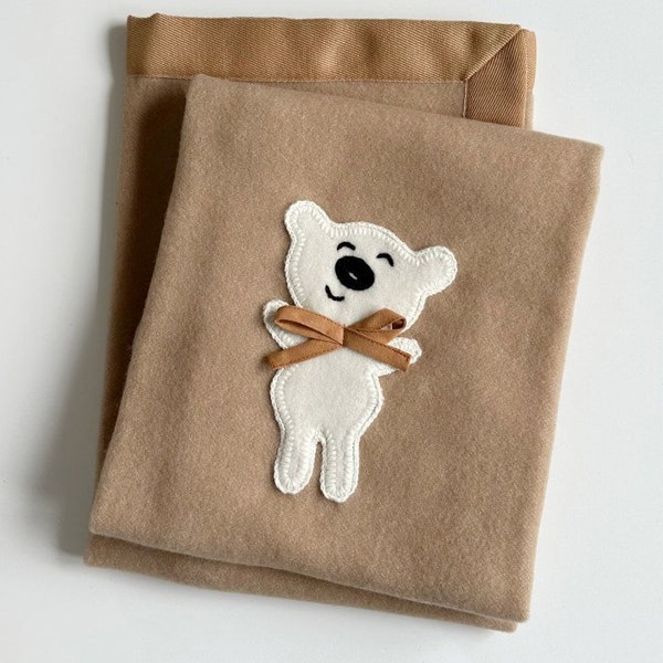 Merino wool lightweight camel brown colour warm and soft handmade baby blanket with cute Teddy bear application crib pram blanket 29.5x43"