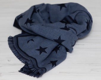 Stylish Unisex two blue tones Fine Merino wool reversible scarf star pattern shawl cosy neck wrap warm gift for beloved in black gift box