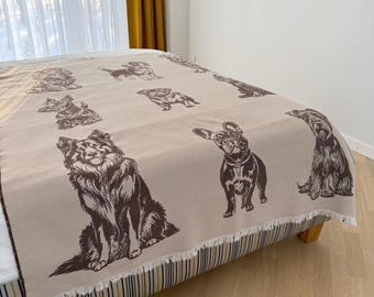 Reversible Cotton Woven Throw Blanket, Dog Design, Large Throw
