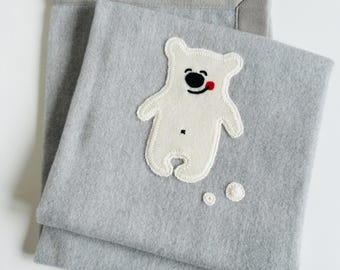 Grey Extra Quality Soft Merino wool baby blanket with teddy appliqué solid pattern/ warm baby wrap blanket 80x100 cm 32x39" in a gift box