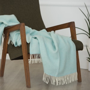Mint blue pure sheep wool large sofa armchair blanket throw fringed bed cover wool plaid herringbone pattern warm couple Boho gift idea