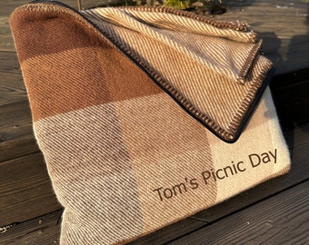 Personalised Wool outdoor picnic blanket folds into a zippered cushion/ lightweight blanket for family outings patio, lawn & garden