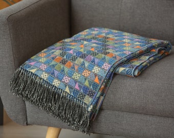 Blue Orange 100 % Merino Lambs wool Checkered Colorful Large Sofa Armchair Exquisite  Plaid Blanket Throw Small Check Warm Plaid
