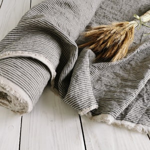 Wide Striped 100% Linen fabric Stonewashed grey and natural colours/ softened linen fabric/ wrinkled linen fabric/ fabric for sewing