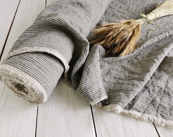 Striped Charcoal 100% Linen fabric, Stonewashed grey and natural colours, softened linen fabric, natural linen fabric for sewing