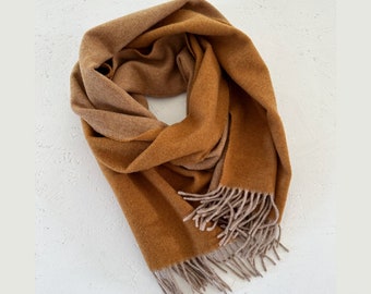 Camel Brown Merino Lambswool solid pattern reversible woven scarf with fringes, gentle and warm neck wrap all seasons unisex gift 16x71"