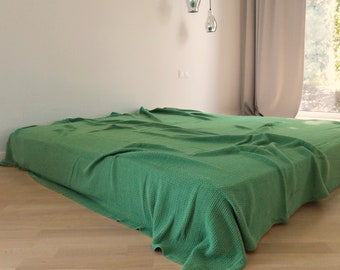 Smaragdgrönt stickat överkast i ren bomull, king size, extra stor stickad filt, bomullsöverkast, andningsbart täcke för varma sommarnätter