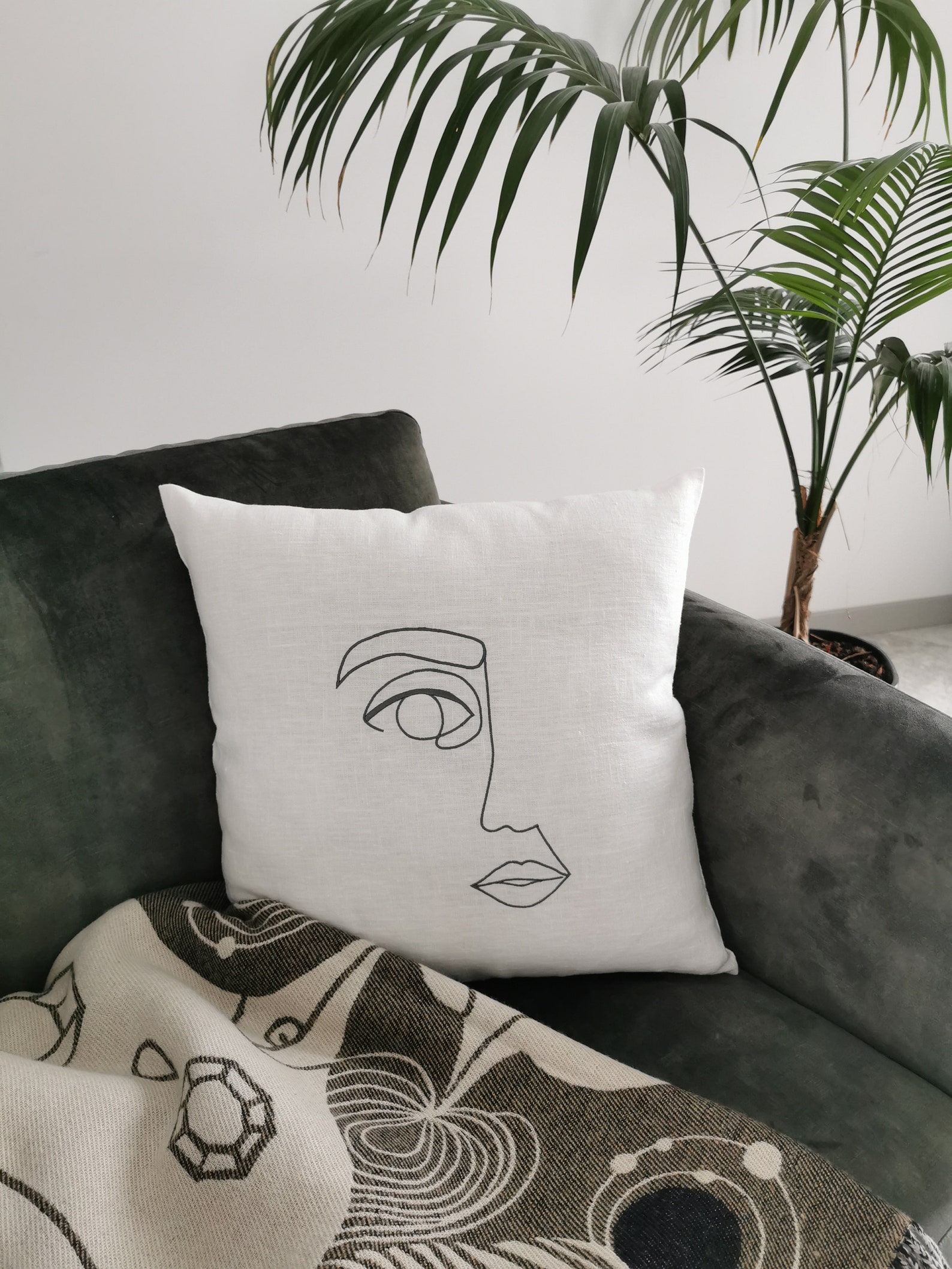 Embroidered Linen Cushion Cover White 18x18 Modern Cushion Etsy UK