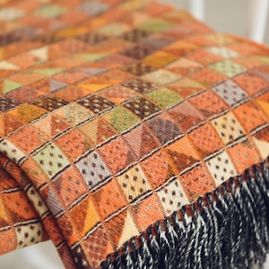 Orange ochre multicolour Extra Fine Merino Lambswool checkered pattern wool throw plaid blanket with fringes Aztec bohemian blanket throw