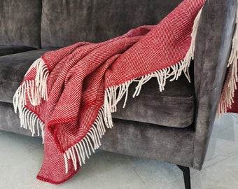 May include: A red and white herringbone throw blanket with white fringe draped over a gray sofa.