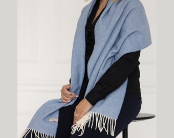 Merino wool Blue Unisex scarf herringbone pattern Large shawl with fringes cosy warm neck shoulder wrap Christmas gift for beloved 18x79"