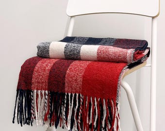 Red, Blue and white Tartan Checkered Plaid Throw Blanket, Wool Blend, Cosy Lodge Decor