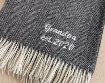 Personalised Custom name dark grey Merino wool blanket large throw embroidered throw chevron herringbone pattern retirement blanket gift