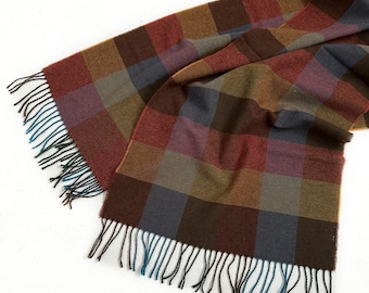 Pure New Wool Multi Check Tartan Large scarf Mustard/ brown/ burgundy/ Teal shadow block check unisex plaid scarf 16.5x78" made in EU