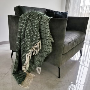 Geometric knit pattern Forest Dark Green Large sofa warm Throw double sided pure wool Blanket with white fringes cosy sheep wool plaid image 3