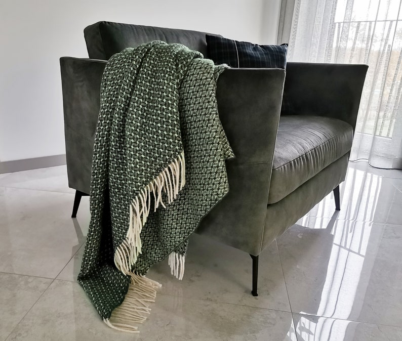 Geometric knit pattern Forest Dark Green Large sofa warm Throw double sided pure wool Blanket with white fringes cosy sheep wool plaid image 3