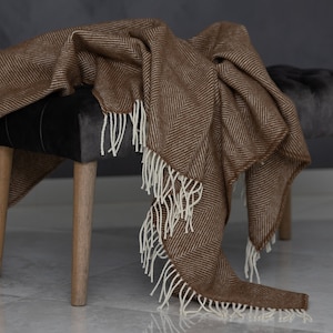 Walnut Brown Pure sheep wool herringbone pattern Warm Large Armchair or Sofa blanket Throw Scandinavian wool plaid with fringes 51x73 inches