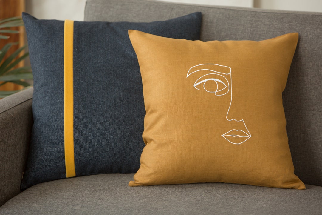 Pillow Cover Face Embroidery in Orange Terracotta Abstract Art Etsy