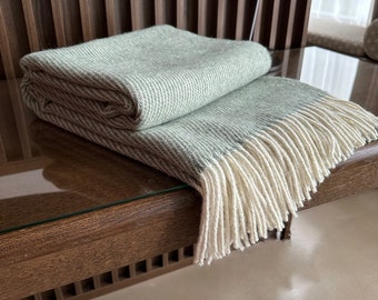 Sheep Wool Blanket Textured Sage Green Throw Large Armchair Dusty Green decor Throw with Fringes Warm and cosy Blanket 55x79" 140x200 cm