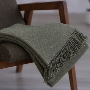 Khaki Green Solid Merino Wool Blanket small texture Pattern Large Sofa Throw Warm and Soft Bed Throw Fringes minimalist army Green plaid