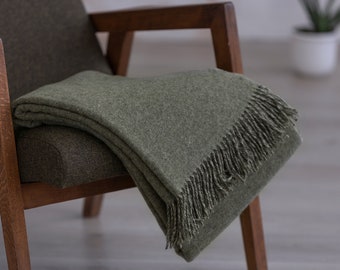 Khaki Green Solid Merino Wool Blanket small texture Pattern Large Sofa Throw Warm and Soft Bed Throw Fringes minimalist army Green plaid