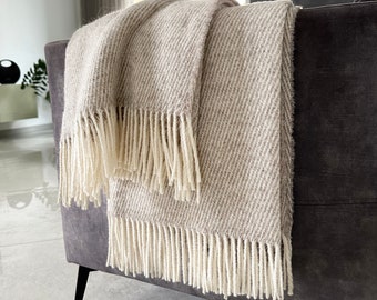 Sheep Pure Wool Textured Beige Blanket Large Sofa Taupe Bohemian design Throw with Fringes Warm and cosy Blanket 55x79" 140x200 cm