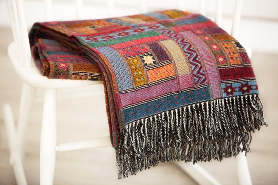 Aztec Style Merino Lambswool multicolour Maroon burgundy Plaid Blanket High-Quality Wool Throw Patchwork Pattern Couple warm Christmas Gift
