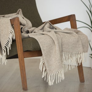 Beige Taupe Pure Sheep Wool Herringbone Small Pattern Cozy Sofa Blanket Chevron Large Bohemian Throw with Fringes Warm Outdoor Blanket