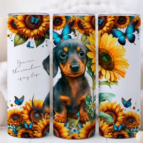 20oz tumbler wrap Daschund with sunflowers, Sublimation design templates, 20oz png Digital download, sausage dog Clip art download