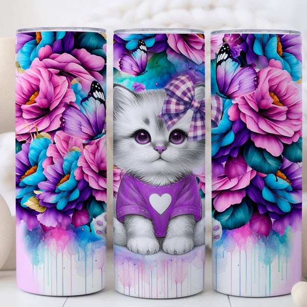 20oz tumbler wrap cat with purple floral, Sublimation design templates, 20oz png Digital download, kitten Clip art download