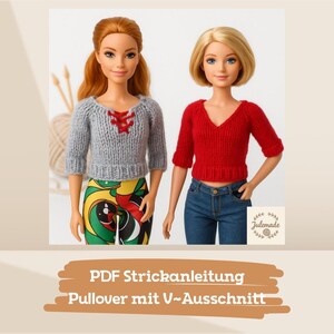 May include: PDF knitting pattern for a doll-sized pullover with a V-neck. The pattern shows two dolls wearing the pullover in grey and red.