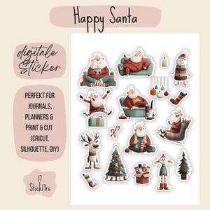 Könnte beinhalten: Eine Sammlung digitaler Aufkleber mit Weihnachtsmotiv. Die Aufkleber zeigen den Weihnachtsmann in verschiedenen Posen, zusammen mit einem Rentier, einem Weihnachtsbaum und anderen festlichen Elementen. Der Text enthält "Happy Santa" und "digitale Sticker".